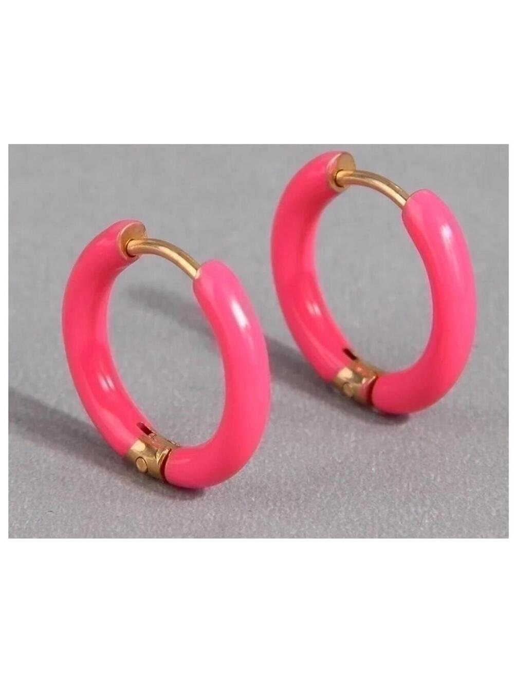 Pink hinged enamel hoop - Earrings - Gold - 2cm - Picture 1 of 1